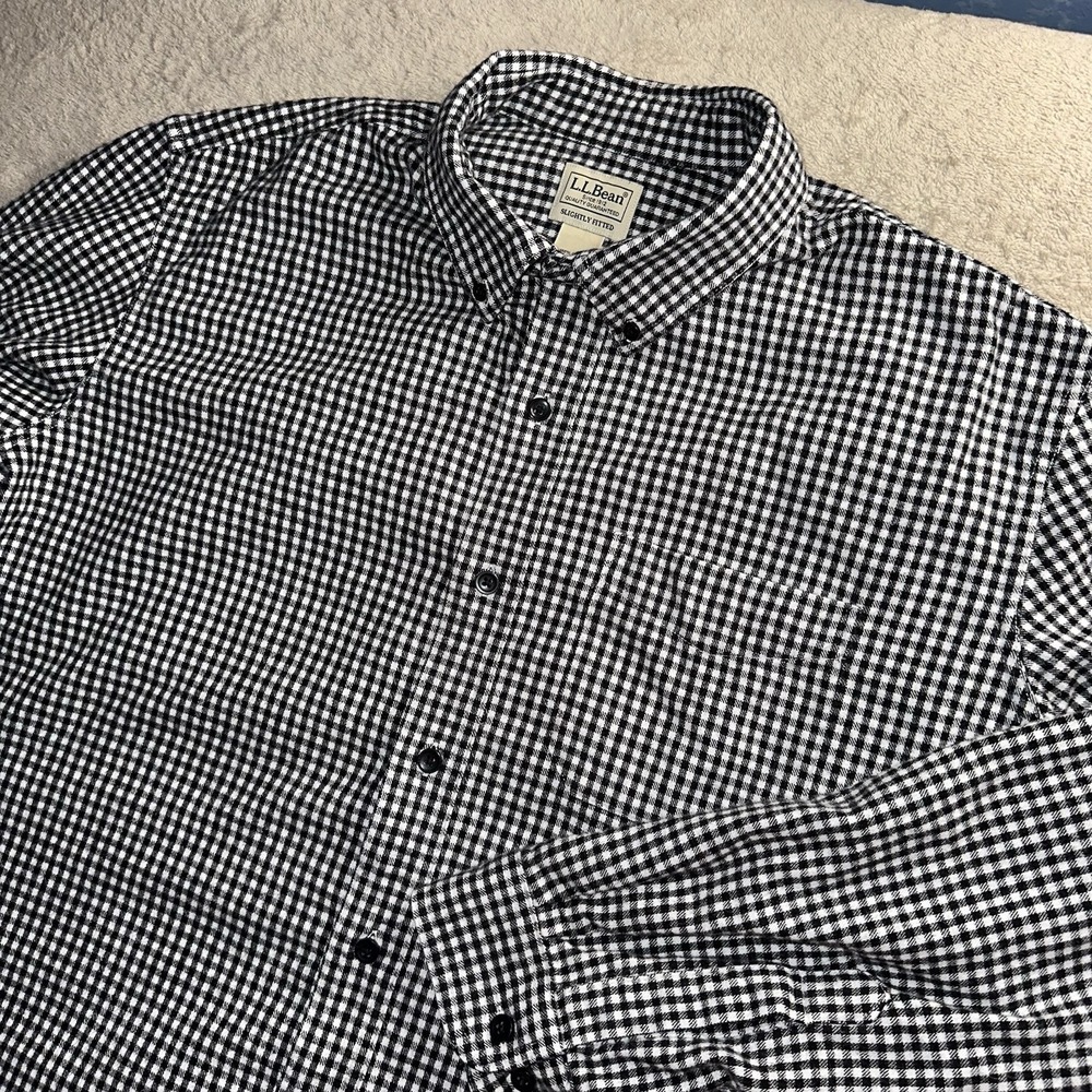 LL Bean Shirt Mens XL Regular Black White Gingham Slightly Fitted Cotton 298167